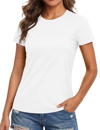 MAGCOMSEN Moisture Wicking Shirts for Women White Workout Tops Rash Guard Short Sleeve SPF Sun Shirts Athletic Cooling Tees, S