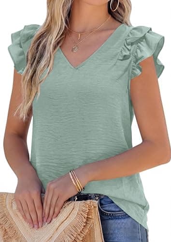 PRETTYGARDEN Blouses for Women Dressy Casual Summer Going Out Tops 2026 Spring Business Work V Neck Ruffle Cap Sleeve Shirts (Light Green,Small)