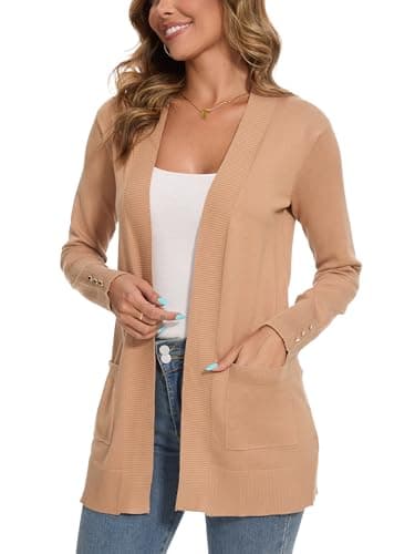 Spicy Sandia Women's Cardigan Sweaters Long Sleeve Open Front Knit Cardigan Dressy Trendy Lightweight with Pockets Tan 2XL