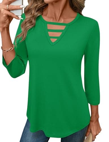 LOMON 3/4 Sleeve Tops for Women Cute Crew Neck Womens Tops Dressy Casual Cotton Shirts for Women 2026 Vacation Red L