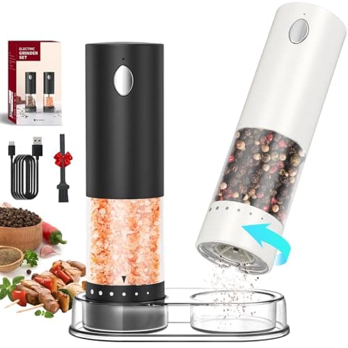 CIRCLE JOY Electric Salt and Pepper Grinder Set Rechargeable Salt and Pepper Mills with 6-Level External Adjustable Coarseness, White LED Light and Storage Base, Black & White