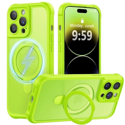 MOCCA Design for iPhone 14 Pro Case with Magnetic Invisible Stand [Full Camera Protection] [Compatible with Magsafe] Military Drop Shockproof Translucent Matte Phone Case Cover 6.1",Fluorescent Green