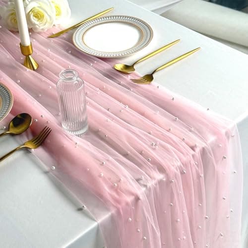 Pink Table Runner,120 Inch 10FT Tulle Gauze Fabric Table Runners with Pearls,1 Piece Sheer Lace Tables Decor for Dining Wedding Birthday Baby Shower Valentine’s Day Home Holiday Party（Pink