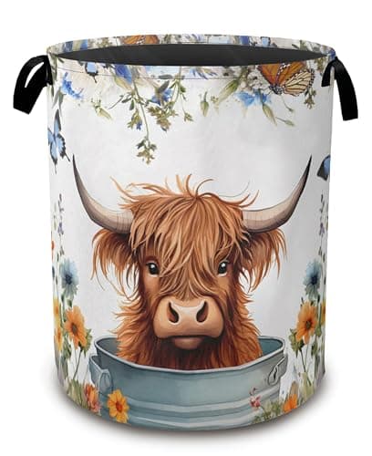 Highland Cow Laundry Hamper,Collapsible Laundry Baskets,Butterfly Flowers Dirty Clothes Baskets with Handles,Oxford Cloth Hamper for Bedroom,Bathroom,College Dorms, 16"x20"