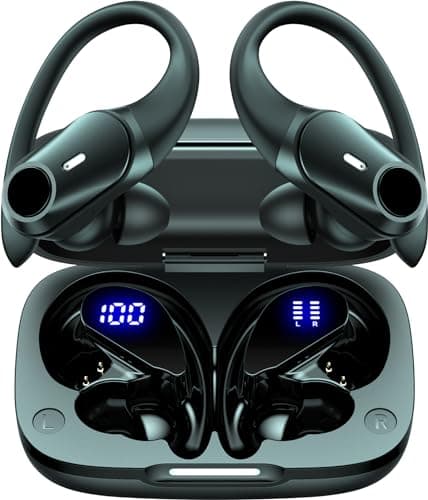Active Noise Cancelling Wireless Earbuds Bluetooth Headphones 80H Playtime Ear Buds with Power Display Case Hi-Res Sound & Clear Calls Over Ear Hooks Earphones for Sports Running Gym Workout Black