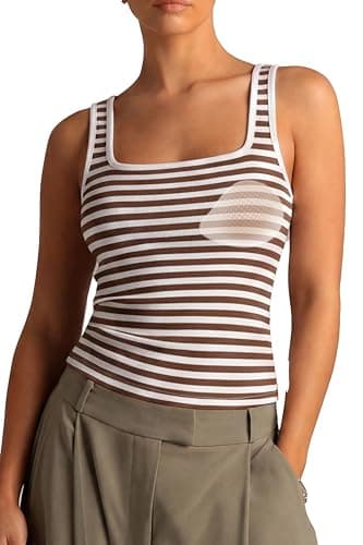 SUUKSESS Women Cotton Rib Squre Neck Tops Sleeveless Summer Padded Basic Tank Top (White Brown Stripe, L)