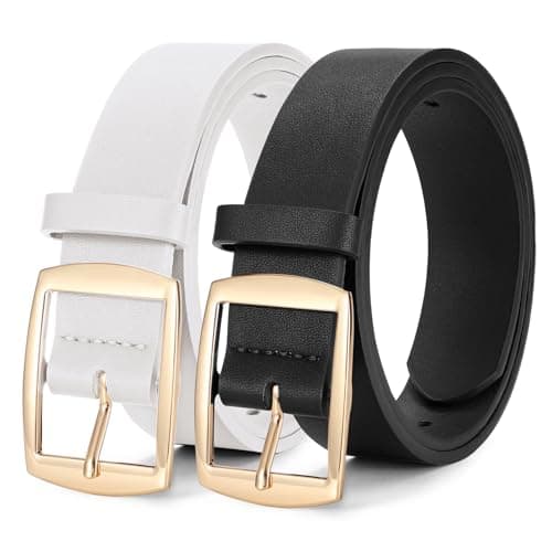 WERFORU 2 Pack Women Leather Belts for Jeans Pants Fashion Leather Belts for Women Waistband with Gold Pin Buckle,Black+white-gold buckle,L:Fit Waist Size 37"-41"