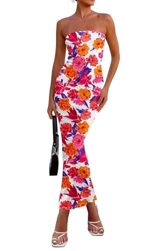 PRETTYGARDEN Women's 2026 Summer Floral Bodycon Maxi Dresses Ribbed Strapless Tube Casual Boho Party Long Dress (Floral White,X-Small)