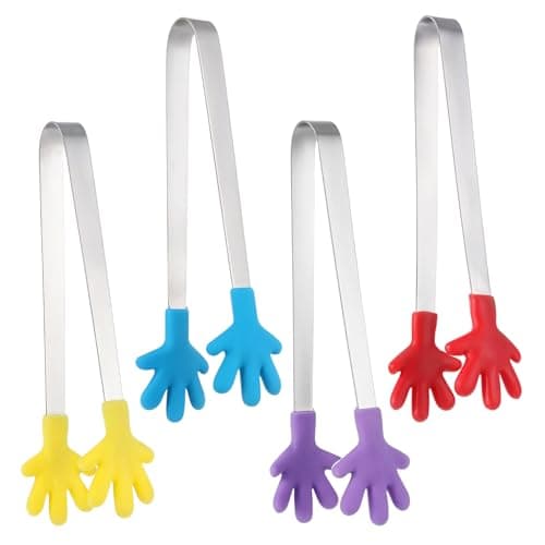 LXUEJIE 4 Pcs Silicone Mini Tongs, 5 Inch Hand Shape Silicone Food Tongs Colorful Kitchen Tong Small Tong for Serving Food Cooking Appetizers Ice Cube fruits Sugar(Purple Red Blue Yellow)