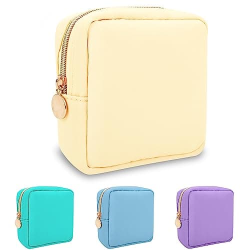 Nylon Mini Makeup Bag for Purse, Preppy Small Cute Makeup Bag Cosmetic Zipper Pouch Purse, Waterproof Travel Coin Pouch Sanitary Napkin Storage Bag Clutch Makeup Organizer for Women Men Girls(Beige)