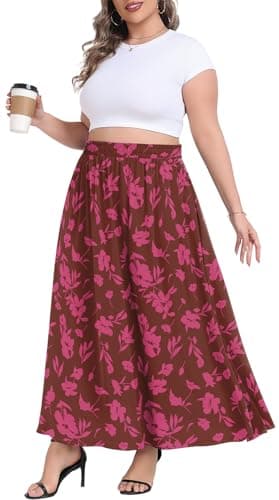 Lastshe Plus Size Maxi Skirts for Women Casual Elastic High Waist Hide Drawstring Flowy Beach Summer A-line Long Skirt with Pockets Spring Clothes,Print Red,2X
