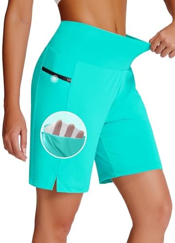 MIVEI Women's 7" Long Swim Board Shorts with Zipper Pockets High Waisted Quick Dry Beach Swimming Swim Suit Bottom with Liner Lake Green