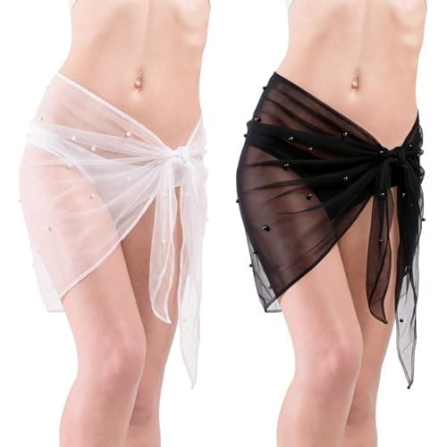 BOARDFEB 2Pcs Women Pearl Crochet Sarong Coverups, Black White Short Swim Wrap Skirt, Hollow Out Beach Swimsuit Cover Up for Women