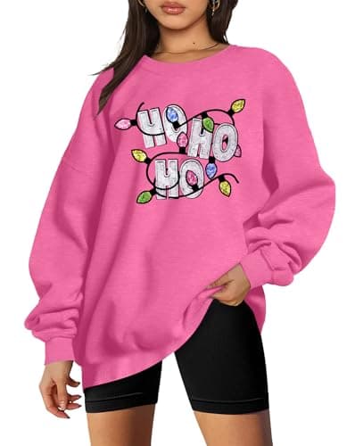 LHBNK Christmas Sweatshirts Women HoHoHo Christmas Sweatshirt Funny Santa Graphic Xmas Oversized Pullover Tops Pink