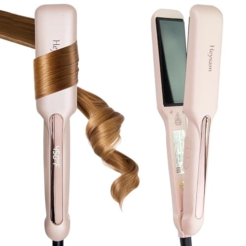 Heysam Titanium Flat Iron Hair Straightener and Curler 2 in 1, Dual Voltage Hair Straightener for Thick Hair, Travel Ionic Straightening Wide 1.6-Inch, Fast Heating, Smooth & Frizzy, Pink
