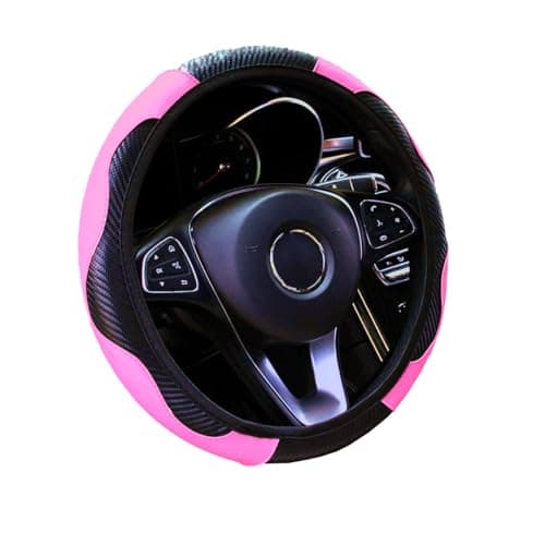 WLERIR Ultra Fine Carbon Fiber Leather Steering Wheel Cover, Anti Slip and Sun Protective Protect the Steering Wheel, Easy to Install,Universal of 14.5"-15" (Pink)