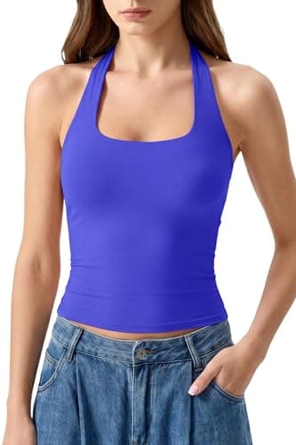 QINSEN Womens Tank Top Sleeveless Backless Halter Top Double Lined Slim fit Going Out Crops Tops Sapphire Blue S