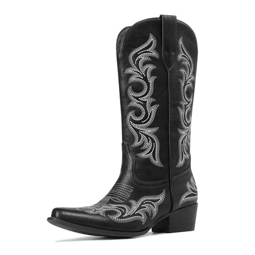 Ouepiano Black Cowboy Boots for Women Cowgirl Boots Mid Calf, Size 9.5