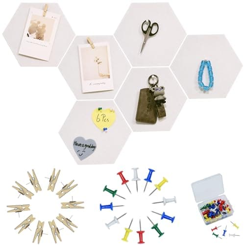 YOUDEFUL 6Pcs White Hexagon Felt Bulletin Board with 50 Pushpins