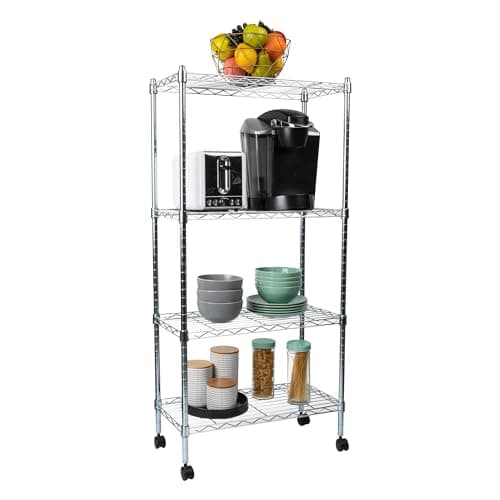 Mind Reader Storage Shelves, Garage Shelving, Storage, Pantry Organization, Wheels, Metal, 23.25" L x 13.5" W x 49.5" H, Silver