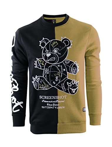 SCREENSHOT-F1113 Mens Urban Premium Fleece - Signature Sleeves Black Bear Cartoon Color Block Crew Neck Streetwear Sweatshirt-Black/Khaki-Xlarge