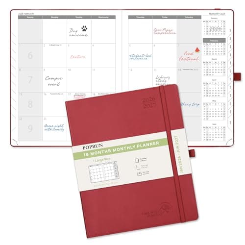 POPRUN Monthly Planner 2026-2027 (Large- 8.5" x 10.5" Soft Cover), 18-Month Calendar Book (Jan.2026 - Jun. 2027), Calendar Planner with Monthly Tabs & Pocket, 100 GSM Paper - Burgundy