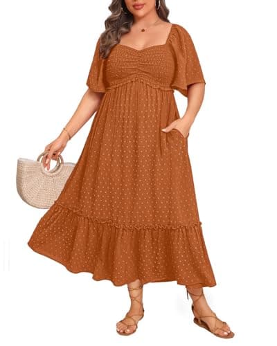 Pinup Fashion Plus Size Burnt Orange Maxi Fall Swiss Dot Smocked Maxi Dress