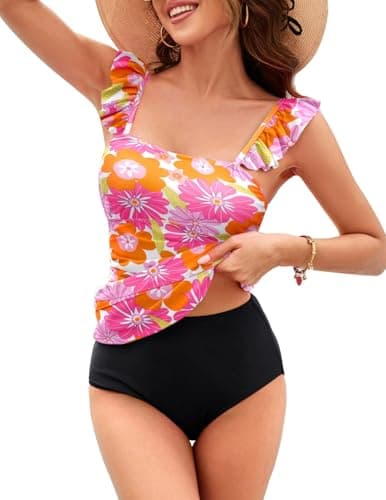 Kate Kasin Women's Tankini Swimsuits 2025 Sleeveless Square Neck High Waisted Floral Bikini Swimwear Ruched Bathing Suits with Padded Orange Pink Floral S