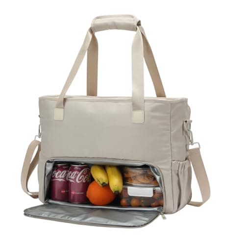 Lunch Tote Bag for Women with 15.6" Laptop Compartment, Work Tote Bag with Insulated Lunch Compartment, Large Casual Polyester Handbag Lunch Bags for Nurse, Teacher, Office, Travel, Beach, Khaki