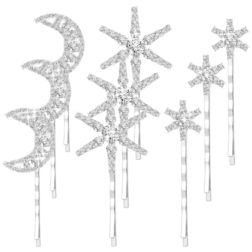 Molain 12Pcs Moon Star Hair Clips, Vintage Rhinestone Hair Pin Silver Stars Hairpins Crystal Celestial Hair Accessories Vintage Rhinestone Star Clips Bobby Pins for Women