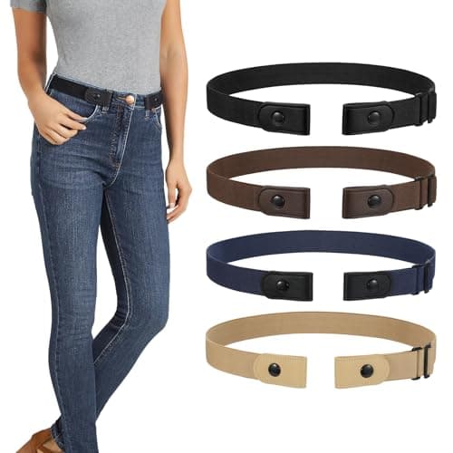 WERFORU 4 Pack No Buckle Invisible Stretch Belt Buckle-Free Elastic Belt for Women and Men Metal Free No Nickle/Metal，Black+Coffee+Blue+Yellow，Suit for waist size 22"-34"