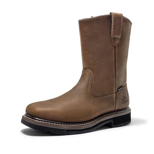 NORTIV 8 Steel Toe Work Boots for Men – Waterproof Pull on Wellington Cowboy Boots for Men with Full-grain Leather for Construction, Farming Bronco Stormrider,Size 9.5,Dark Brown