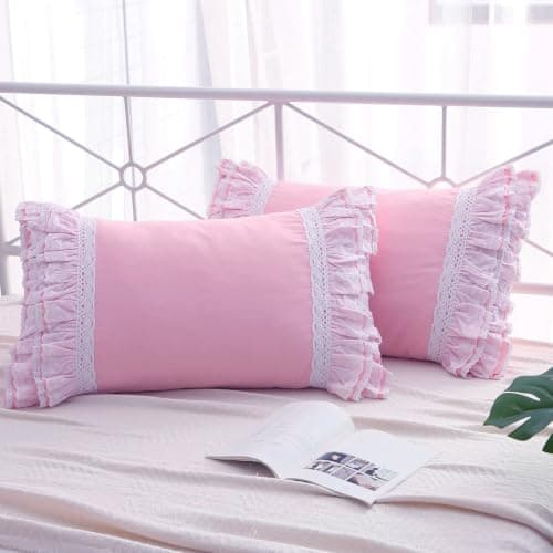 Meaning4 2-Pack Pink Pillow Shams Cases Covers with Ruffles and Lace Cotton Queen Size 30"X20"Soft Boudoir Luxurious