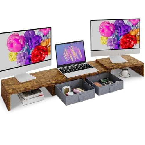TEAMIX Dual Monitor Stand Riser - Length and Angle Adjustable White Monitor Stand with 2 Drawers to Storage Large Computer Riser for 2 Monitors/Laptop/PC, Wood Screen/TV Stand Desk Organizer (Brown)