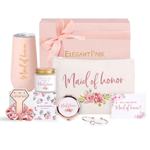 ELEGANTPARK Maid of Honor Proposal Gifts Bridesmaid Proposal Gifts Bridesmaid Gift Box for Wedding Bridal Bachelorett Party Favors Gift Set Scented Candle Stainless Steel Champagne Flute 10 OZ Pink