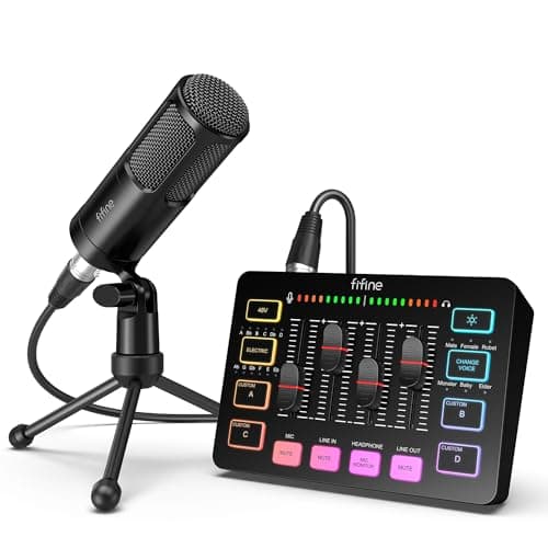 FIFINE Audio Equipment Bundle for Gaming Podcast, Streaming RGB Mixer Set with XLR Dynamic Vocal Microphone, Voice Recording Kit Set with Volume Fader, Individual Control, Mute, Monitoring-KS3