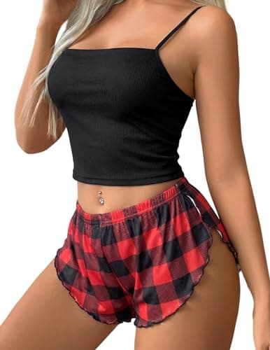Avidlove Women's Pajama Sets 2 Piece PJ Sets for Women Sleepwear Ribbed Pajama Side Slit Nightwear Lingerie Black & Red Plaid Small