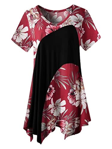 LARACE Womens Plus Size Patchwork Tunic Top Short Sleeve Tee (WineRed18 1X)
