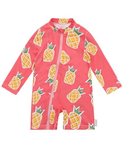 ALVABABY 3-6M Long Sleeve Zip Rashguards, Baby/Toddler Girls' Rash Guard Sets, Boy's Swimsuit UPF 50+ Sun Protection One Piece Zipper Bathing Suit Pink Pineapple