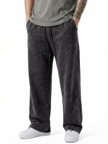 JMIERR Men's Baggy Sweatpants Acid Wash Cotton Straight Leg Pants, Black, M