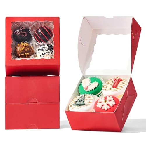 NEKSUNBAK 50-Count 4x4x2 Inches Food-Safe Classic Red Bakery Boxes - Multi-Use Pastry & Treat Packaging for Cookies, Truffles & Wedding Favors (Stackable Gift Boxes for Cakes, Pies & Cinnamon Rolls)