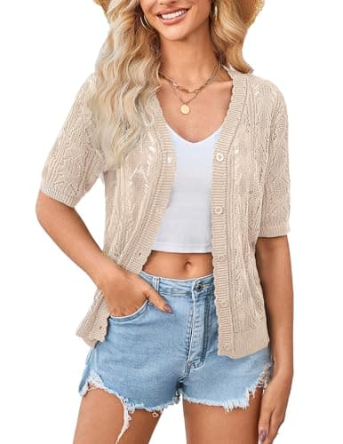 Yekaty Beige Crochet Short Sleeve Cardigan Cropped Button Sweater Summer Shrugs for Women Lightweight