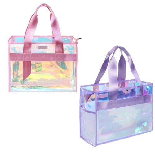 Gryvol 2-Piece 26L Iridescent Beach Bags for Women,Purple Beach Tote Bag & Pink Clear Tote Bag, Large Waterproof Beach Bags for Family Summer Travel Essentials