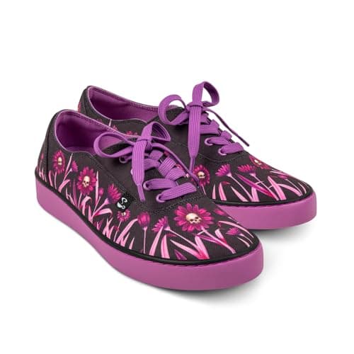Hot Chocolate Design Lace-Up Casual Sneakers, Gloomy Spring – Flat Sole Sneakers for Women & Men, Skull Flowers Printed Upper, Spooky Floral Purple Fun Design Sneakers — Size 38