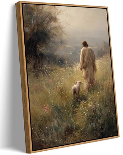 Framed Jesus and Lamb Wall Art Christian Jesus Leaves The 99 Sheep Wall Decor Pictures The Good Shepherd Poster Print for Church Prayer Room Decoration 12x16 in