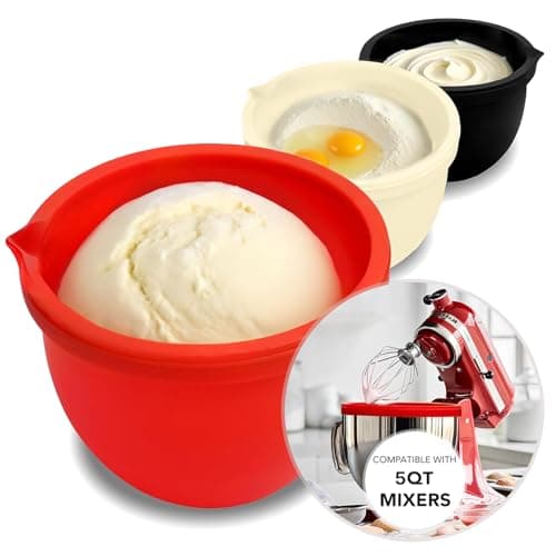KitchenAid 5 Qt Tilt-Head Silicone Bowl Liners, Non-Stick, Odorless, Heat & Cold Resistant, Thicker Mixer Bowl Liners with Lids, Set of 3 (Red，Beige，Black）