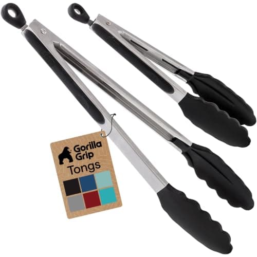 GORILLA GRIP Stainless Steel Kitchen Tongs for Cooking, 2 PK, Black