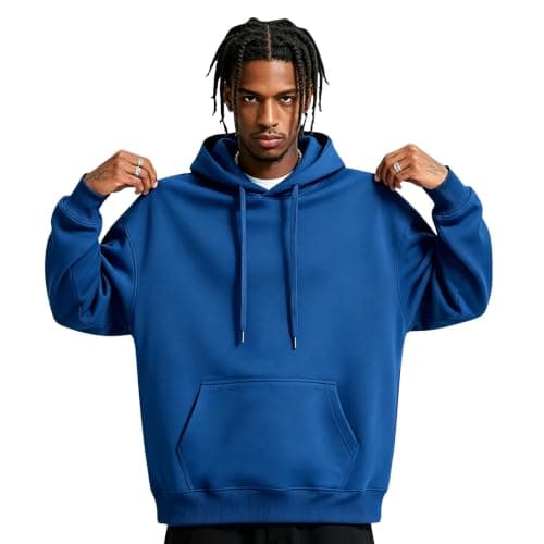 THMENKHT Fleece Hoodie Men Oversized Fall Sweatshirt Winter Cozy Tall Hooded Collar Drawstring Pullover With Pockets Blue XXL