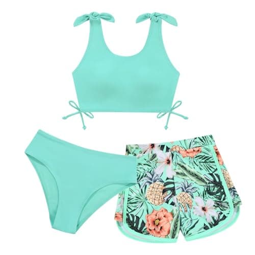 Weixinbuy Girls Swimsuit Bikini Set 3 Piece Kids Tropical Print Swimwear with Shorts Bathing Suit for Teens 9-16 Years Light Green