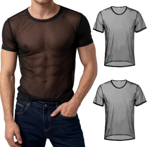YINYOUYU Mens Mesh Shirt See Through Top Sexy Muscle Tee Lounge Short Sleeves Sheer Breathable T-Shirt Clubwear L Black
